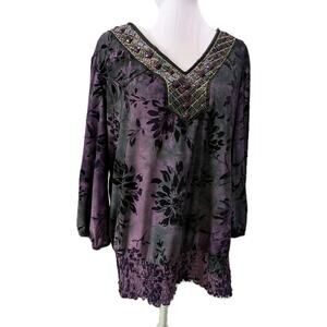 Dressbarn Women's Size XL Purple Sequins Mesh shirt Blouse Fairycore Burnout EUC